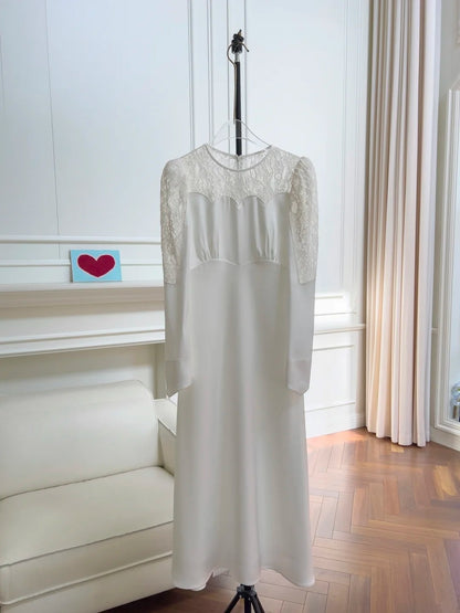 Elegant Lace WhiteProm Dress Long Sleeve A-Line Evening Dress GG6050