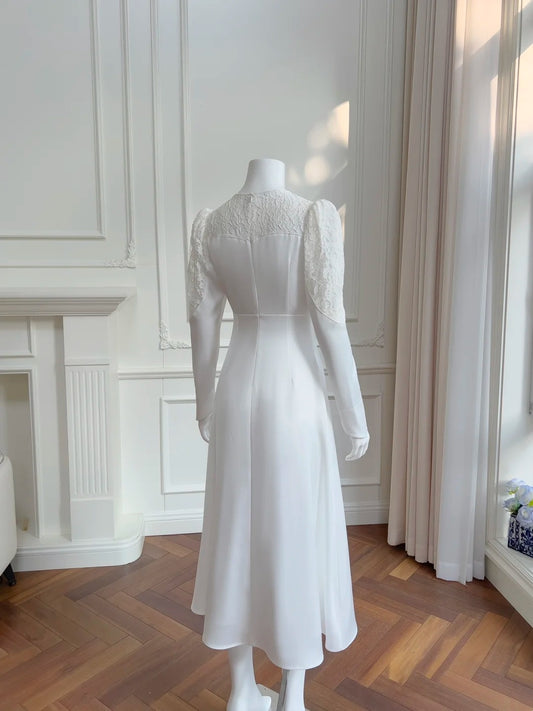 Elegant Lace WhiteProm Dress Long Sleeve A-Line Evening Dress GG6050
