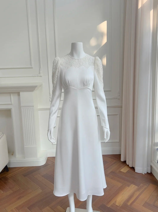 Elegant Lace WhiteProm Dress Long Sleeve A-Line Evening Dress GG6050