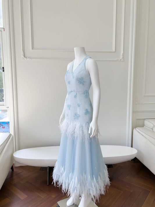 Romantic V Neck Blue Prom Dress Tiered Feather A-Line Evening Dress GG6051