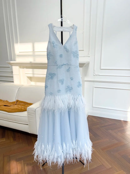 Romantic V Neck Blue Prom Dress Tiered Feather A-Line Evening Dress GG6051