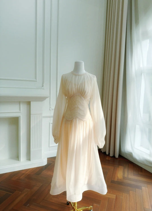 Fashion Long Sleeve Ivory Prom Dress Chiffon A-Line Evening Dress GG6053