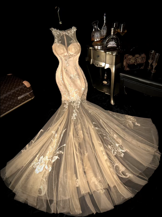 Unique Jewel Neck Beige Prom Dress Appliques Sequins Mermaid Evening Dress GG6058