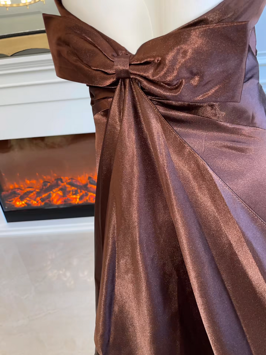 Chic Spaghetti Straps Brown Prom Dress Bow Mermaid Evening Dress GG6060
