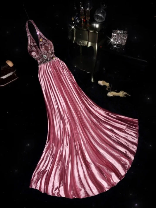 Retro Halter Neck Pink Prom Dress Beaded Pleated A-Line Evening Dress GG6064