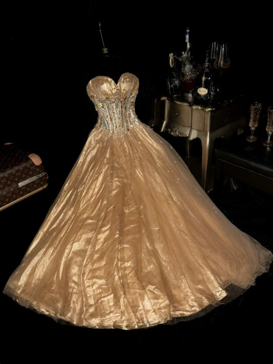 Glam Strapless Gold Prom Dress Rhinestones A-Line Evening Dress GG6065