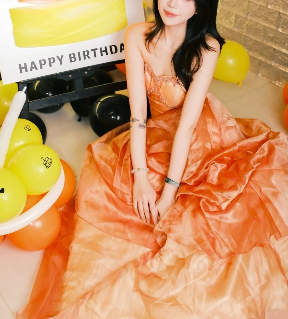 Luxurious Strapless Orange Prom Dress Beaded A-Line Evening Dress GG6066