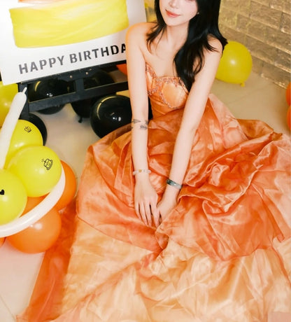 Luxurious Strapless Orange Prom Dress Beaded A-Line Evening Dress GG6066