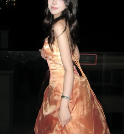 Luxurious Strapless Orange Prom Dress Beaded A-Line Evening Dress GG6066