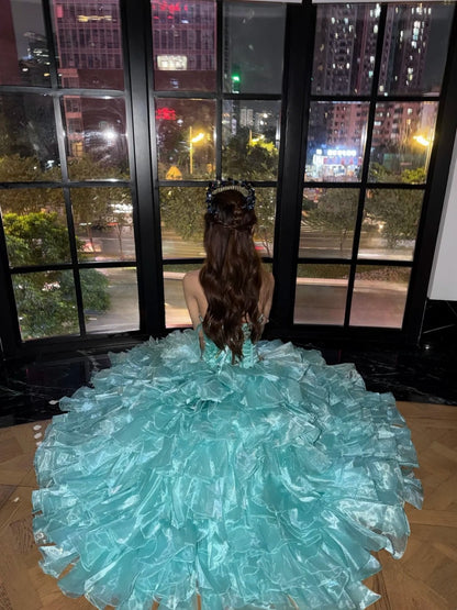 Sparkly Sweetheart Neck Blue Prom Dress Rhinestones A-Line Tiered Evening Dress GG6068