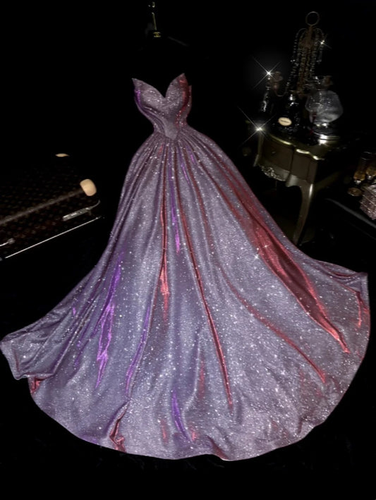 Glamorous Strapless Purple Prom Dress Sequins A-Line Evening Dress GG6070