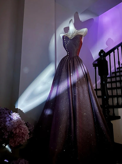 Glamorous Strapless Purple Prom Dress Sequins A-Line Evening Dress GG6070