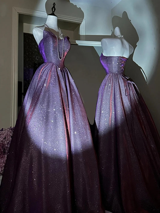 Glamorous Strapless Purple Prom Dress Sequins A-Line Evening Dress GG6070