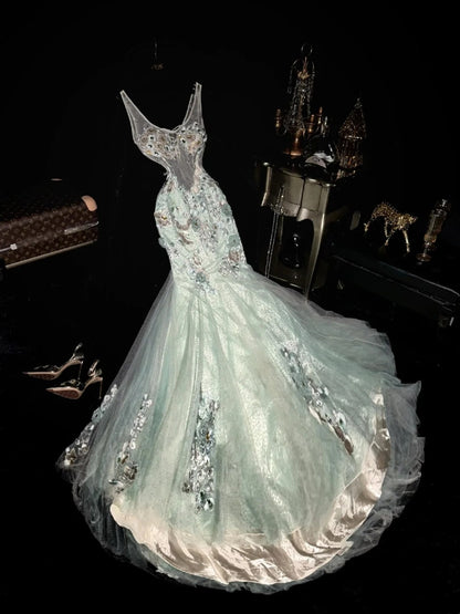 Lustrous Jewel Neck Green Prom Dress Beading Mermaid Evening Dress GG6071