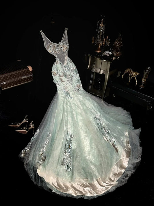 Lustrous Jewel Neck Green Prom Dress Beading Mermaid Evening Dress GG6071