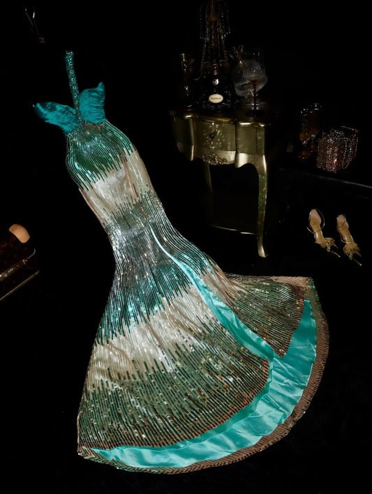 Glittering One Shoulder Teal Prom Dress Sequins Slit Mermaid Evening Dress GG6075