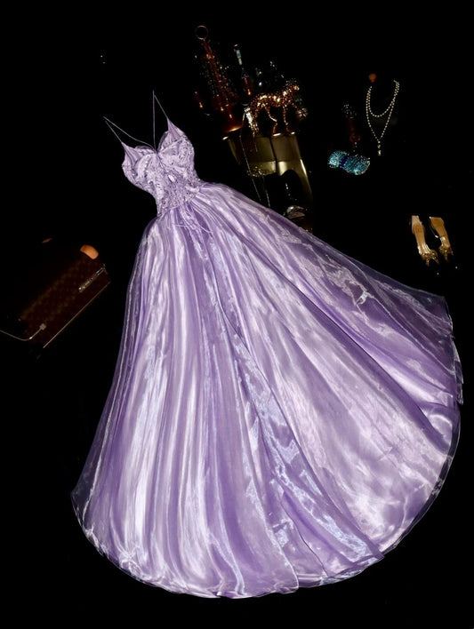 Elegant Spaghetti Straps Purple Prom Dress Floral Sequins A-Line Evening Dress GG6076