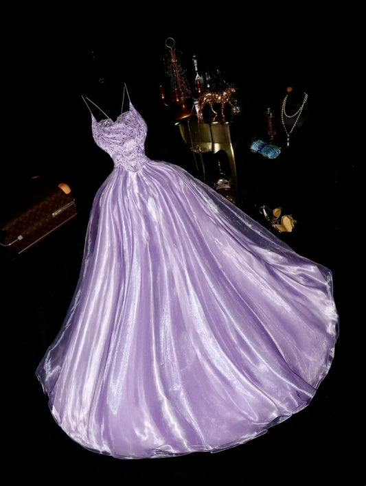 Elegant Spaghetti Straps Purple Prom Dress Floral Sequins A-Line Evening Dress GG6076