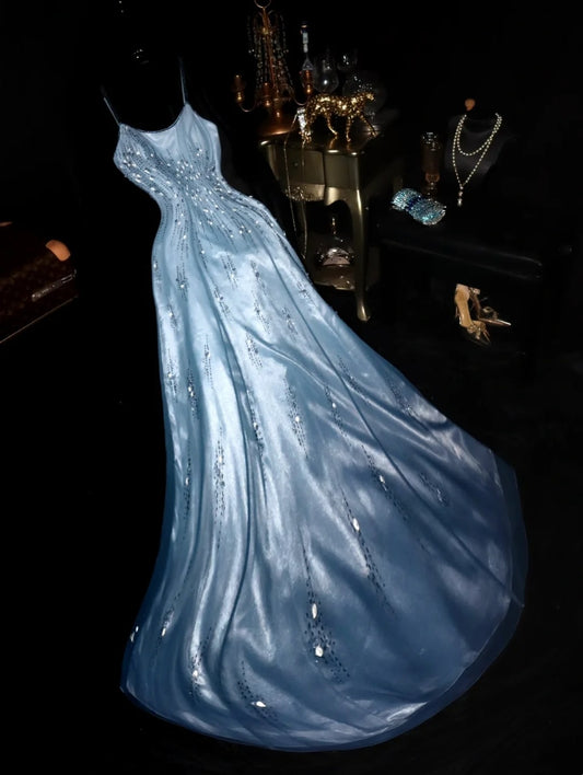 Ornate Spaghetti Straps Blue Prom Dress Sequins Floral A-Line Evening Dress GG6078