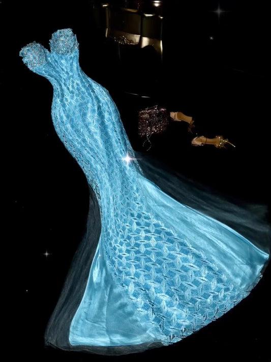 Elegant Sweetheart Neck Blue Prom Dress Sequins Crystals Mermaid Evening Dress GG6079