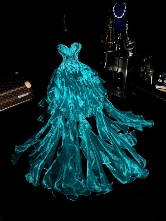 Dreamy Sweetheart Neck Teal Homecoming Dress Crystals Ruffles A-Line Birthday Dress GG6085