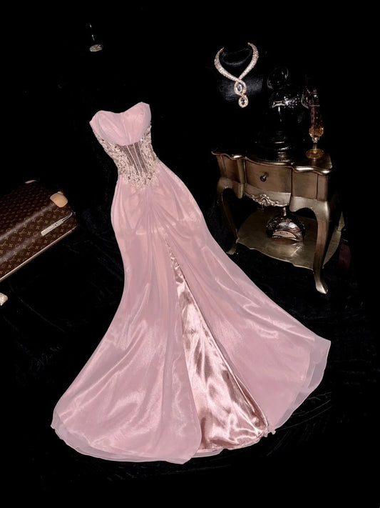Trendy Strapless Slit Pink Prom Dress Appliques Sequins Mermaid Evening Dress GG6086