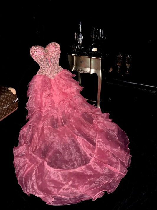Cute Sweetheart Neck Pink Homecoming Dress With Train Beading A-Line Birthday Dress GG6087