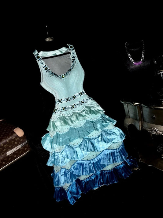 Y2K V Neck Teal Homecoming Dress Beading Tiered A-Line Birthday Dress GG6089