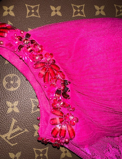 Trendy Spaghetti Straps Hot Pink Prom Dress Beading A-Line Evening Dress GG6097