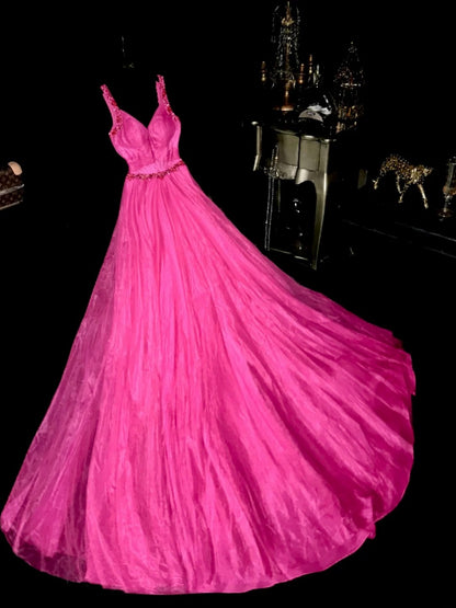 Trendy Spaghetti Straps Hot Pink Prom Dress Beading A-Line Evening Dress GG6097