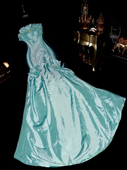 Elegant Strapless Mint Green Prom Dress Ruffles Beading Mermaid Evening Dress GG6098