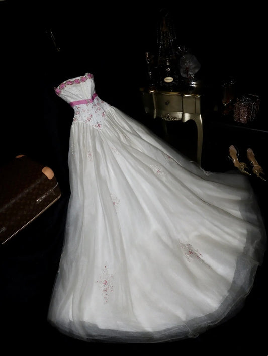Sweet Strapless Sequins White Prom Dress Tulle Pink Floral A-Line Evening Dress GG6103
