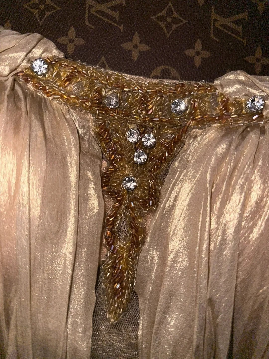 Luxurious Spaghetti Straps Gold Prom Dress Beading A-Line Evening Dress GG6104
