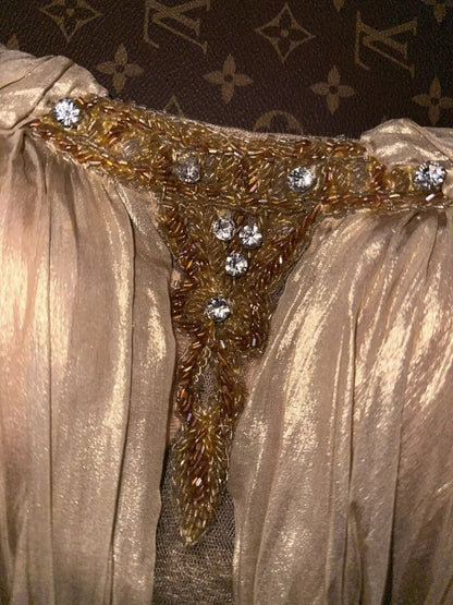 Luxurious Spaghetti Straps Gold Prom Dress Beading A-Line Evening Dress GG6104