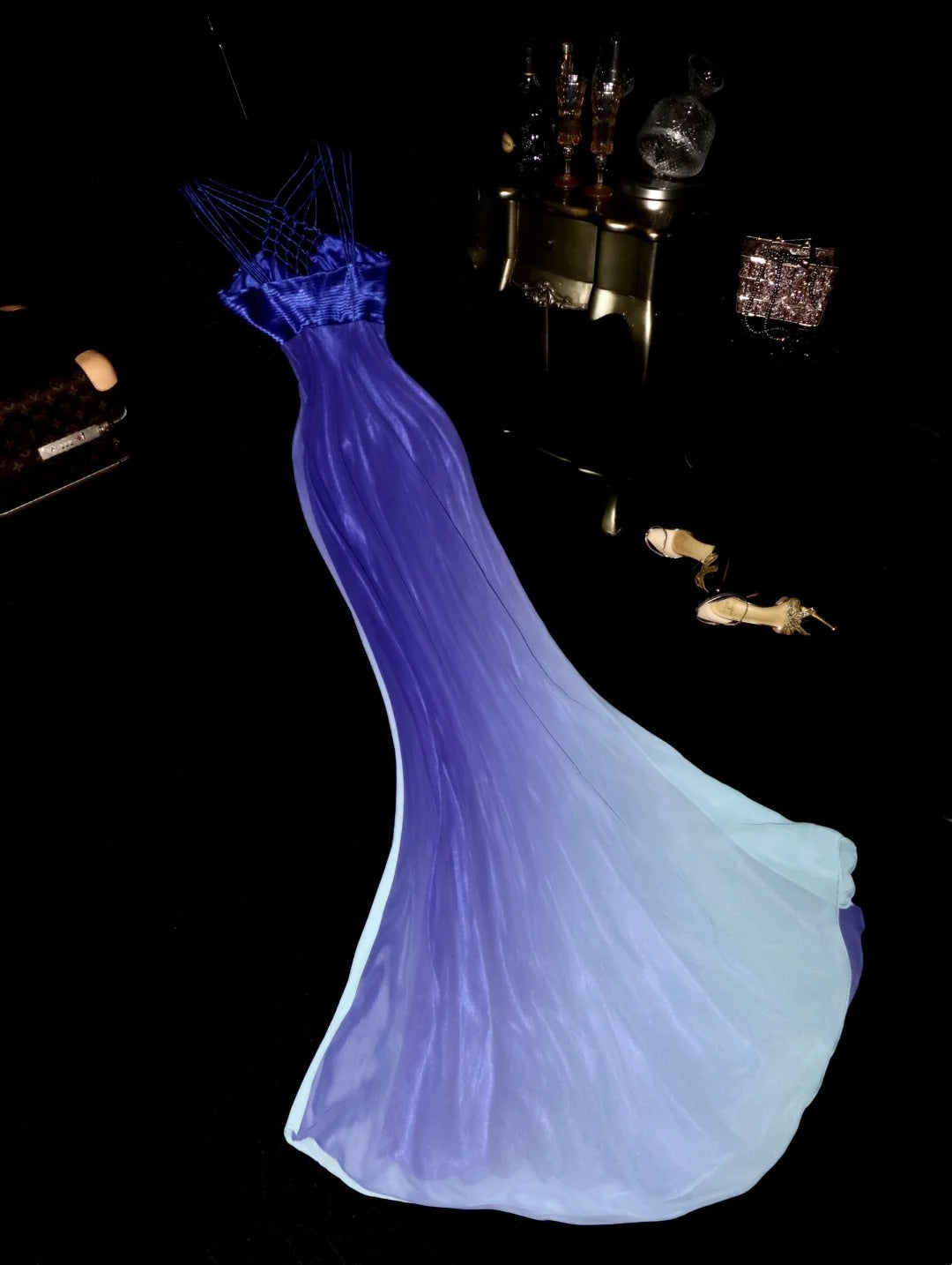 Elegant Slit Gradient Purple Prom Dress Knotted Spaghetti Straps Mermaid Evening Dress GG6105