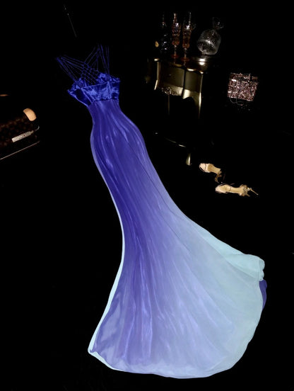 Elegant Slit Gradient Purple Prom Dress Knotted Spaghetti Straps Mermaid Evening Dress GG6105