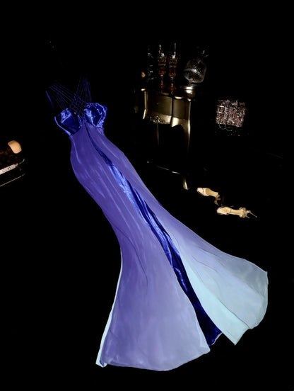 Elegant Slit Gradient Purple Prom Dress Knotted Spaghetti Straps Mermaid Evening Dress GG6105