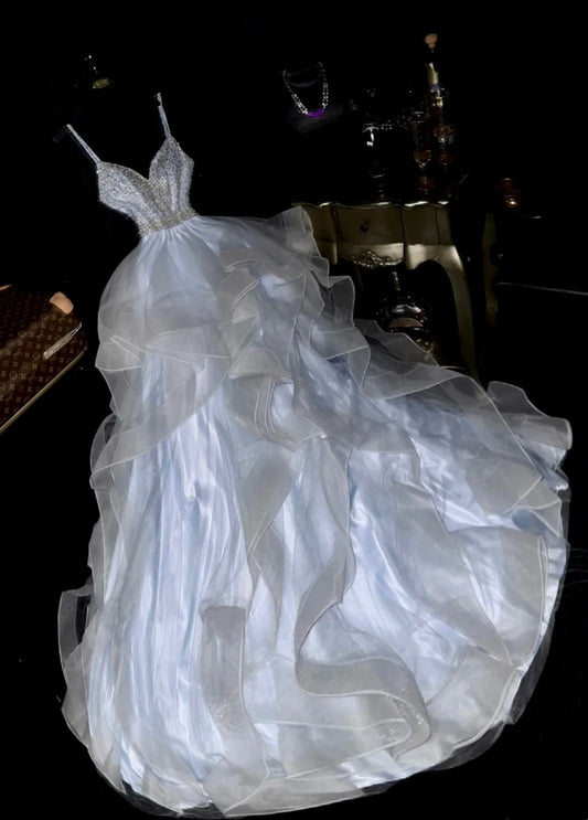 Glittering Spaghetti Straps Pastel Blue Prom Dress Ruffles A-Line Evening Dress GG6106