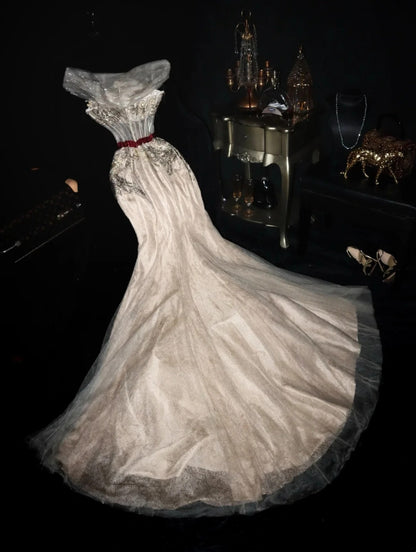 Sleek Off-The-Shoulder Tulle Prom Dress Appliques Sequins Mermaid Evening Dress GG6108