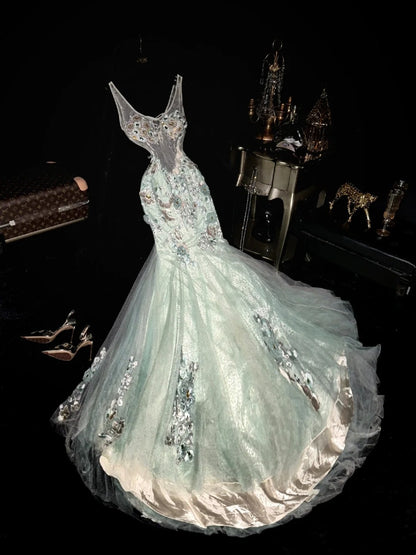 Sleek Jewel Neck Mint Green Prom Dress Embroidered Sequins Tulle Mermaid Evening Dress GG6115