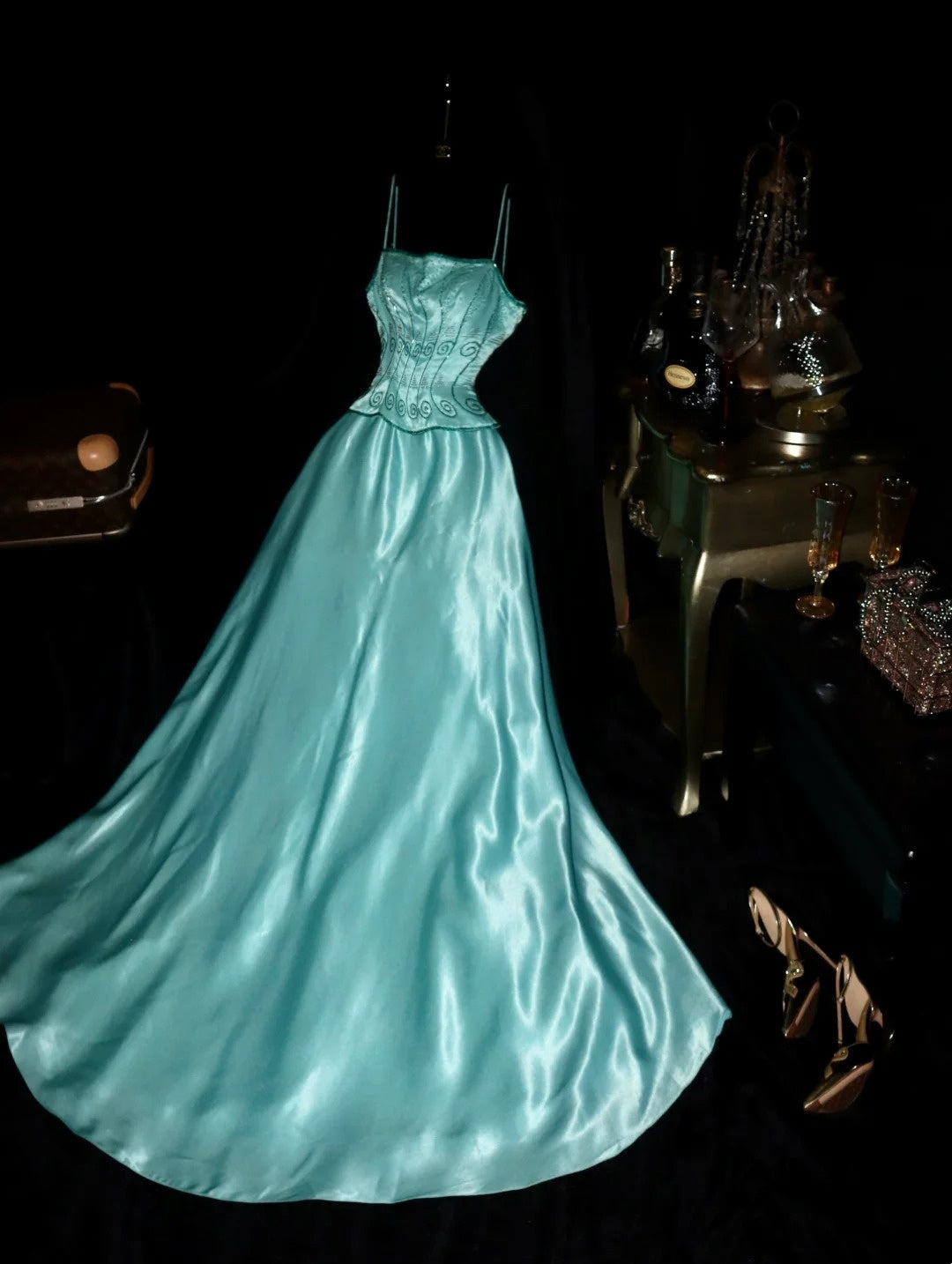 Attractive Spaghetti Straps Mint Green Prom Dress Sequins A-Line Evening Dress GG6117