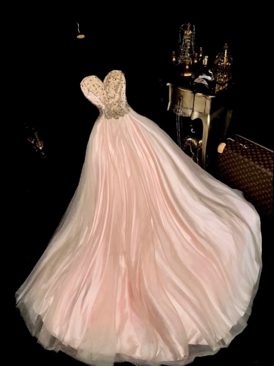 Chic Strapless Apricot Prom Dress Crystals Sequins A-Line Evening Dress GG6119