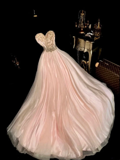 Chic Strapless Apricot Prom Dress Crystals Sequins A-Line Evening Dress GG6119