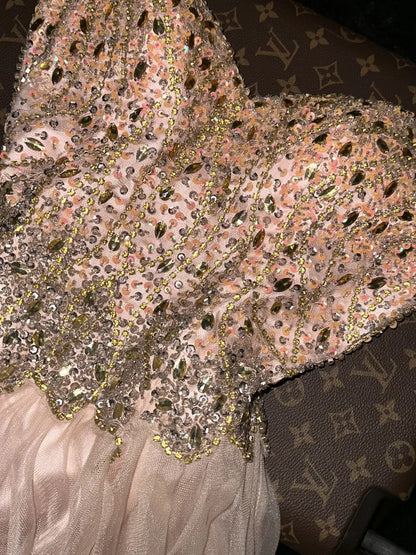 Chic Strapless Apricot Prom Dress Crystals Sequins A-Line Evening Dress GG6119