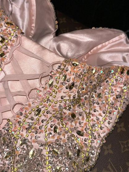 Chic Strapless Apricot Prom Dress Crystals Sequins A-Line Evening Dress GG6119