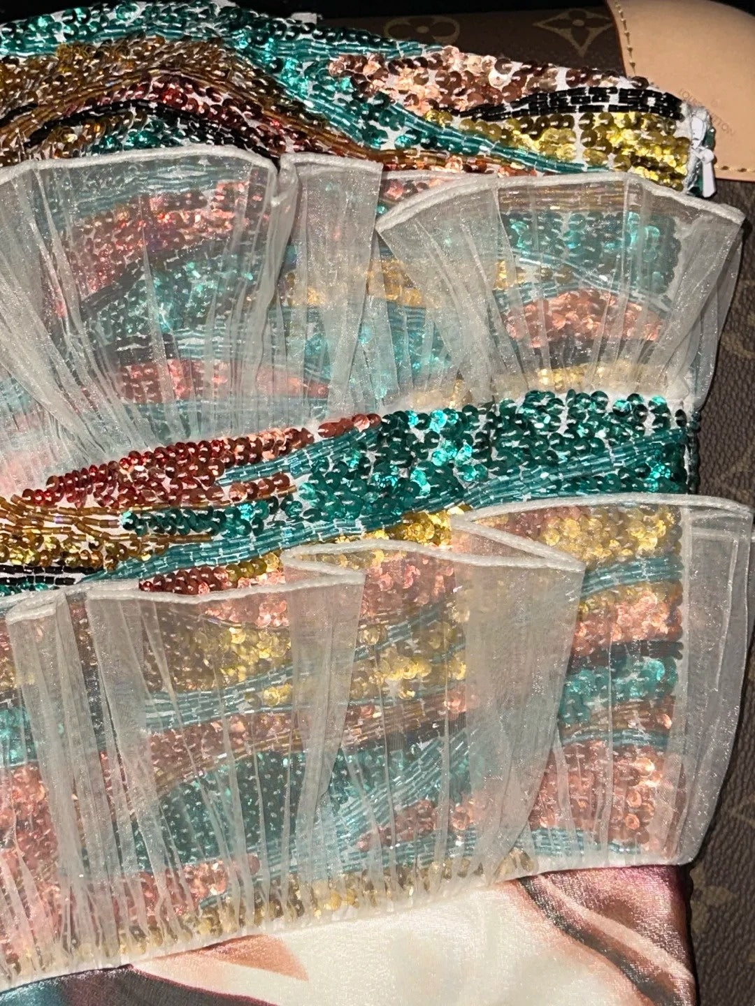Retro Strapless Sequins Prom Dress Ruffled Tulle Mermaid Evening Dress GG6125
