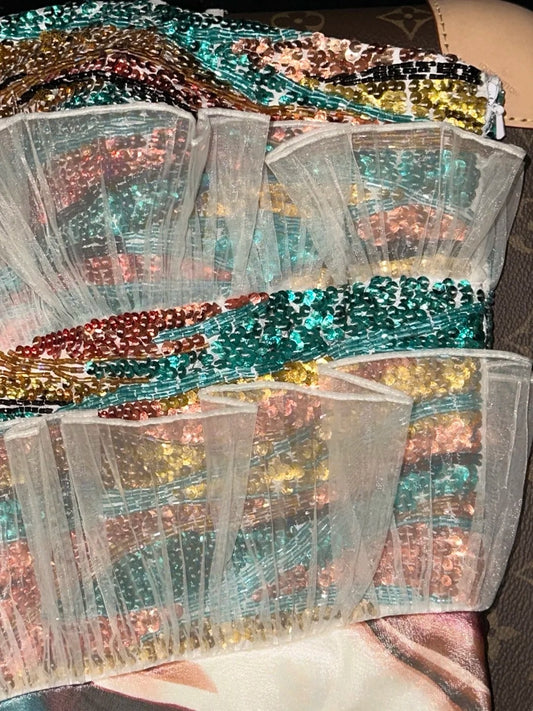 Retro Strapless Sequins Prom Dress Ruffled Tulle Mermaid Evening Dress GG6125