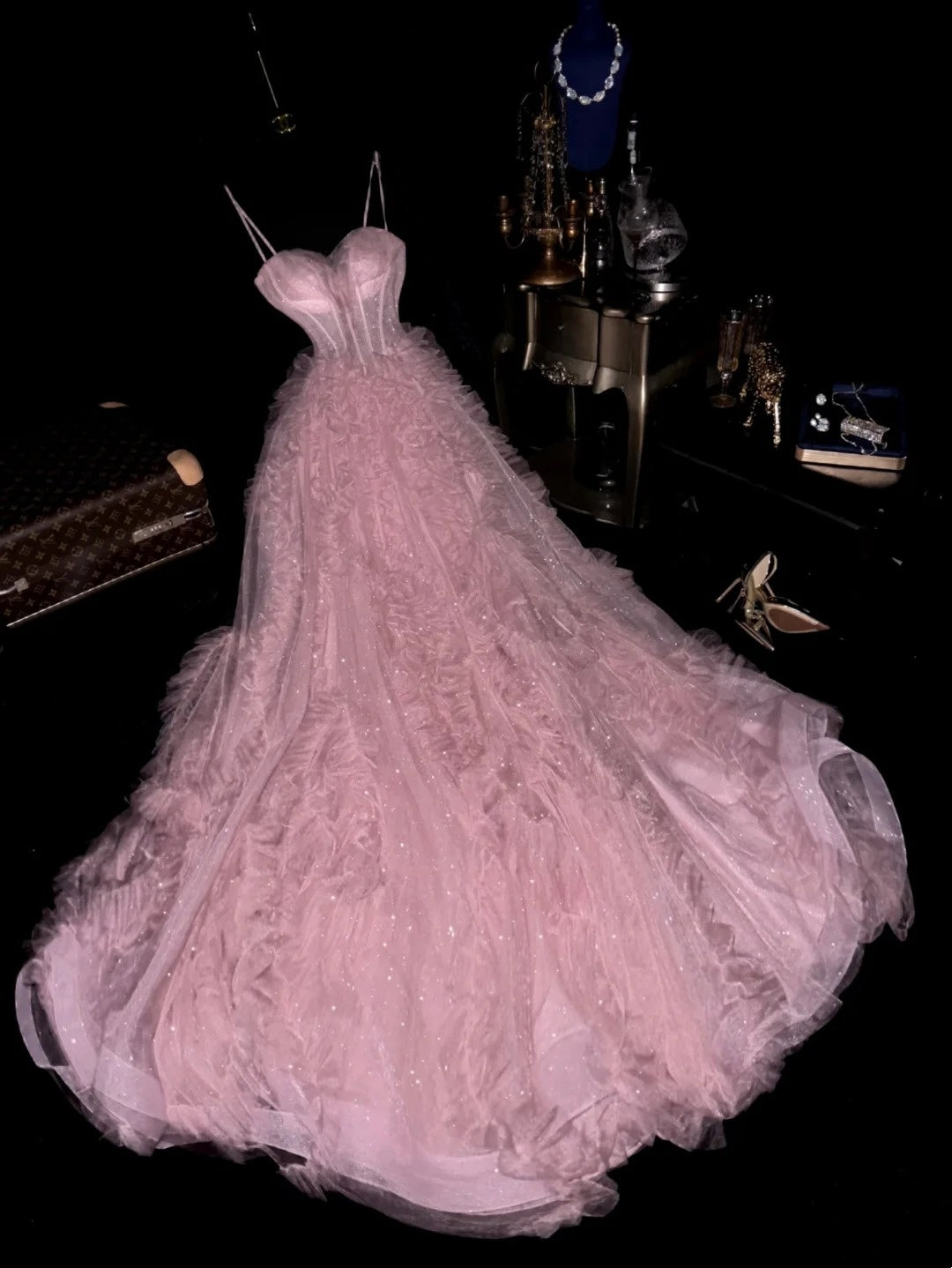 Enchanting Spaghetti Straps Pink Prom Dress Sequins Ruffles Tulle A-Line Evening Dress GG6129