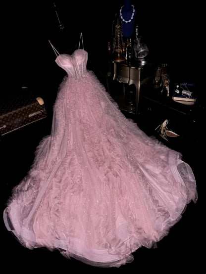 Enchanting Spaghetti Straps Pink Prom Dress Sequins Ruffles Tulle A-Line Evening Dress GG6129