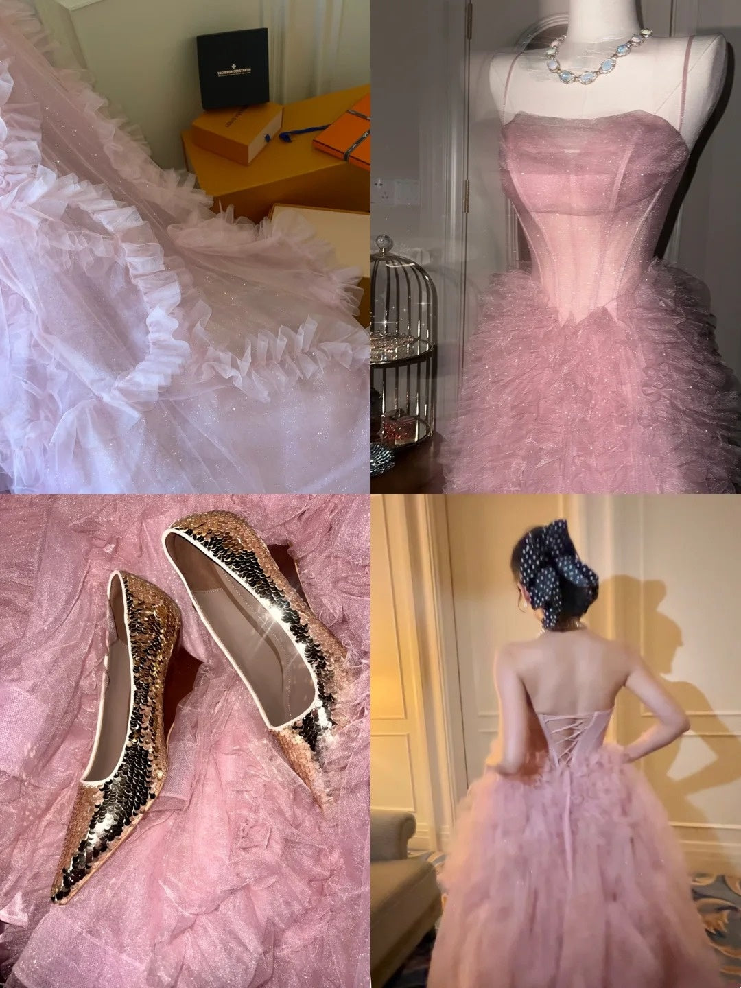 Enchanting Spaghetti Straps Pink Prom Dress Sequins Ruffles Tulle A-Line Evening Dress GG6129